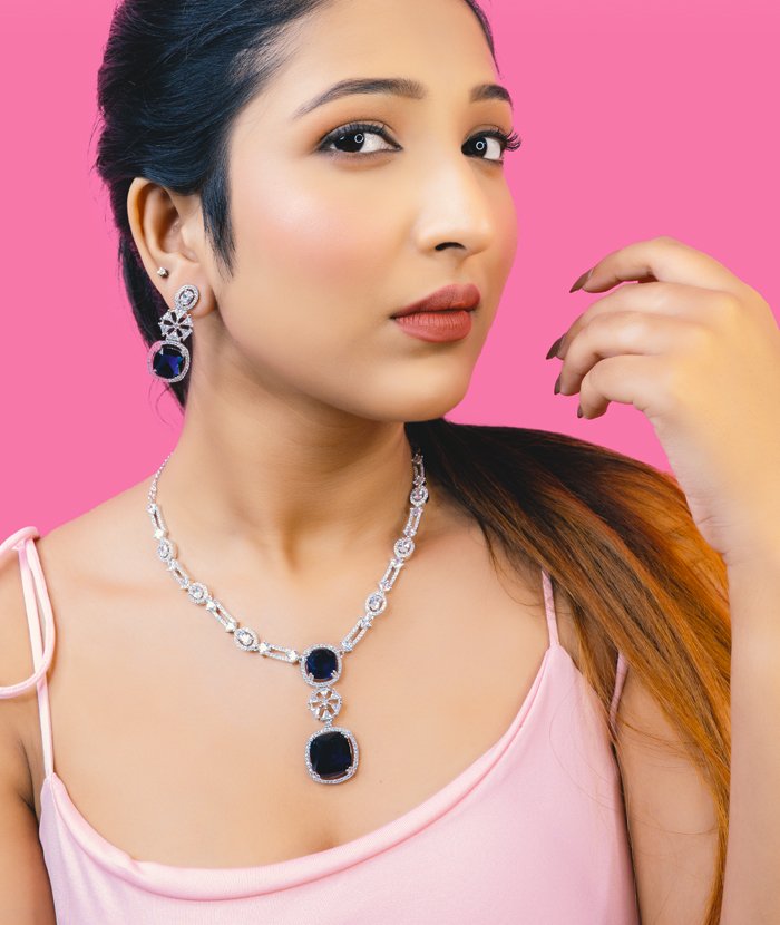 Ruby red platinum plated necklace with earrings with CZ stones