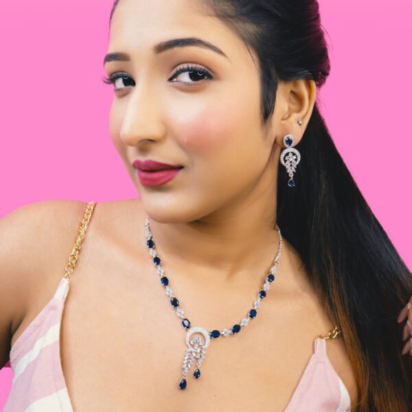 Designer silver necklace with CZ artificial jewellery blue sapphire gemstones