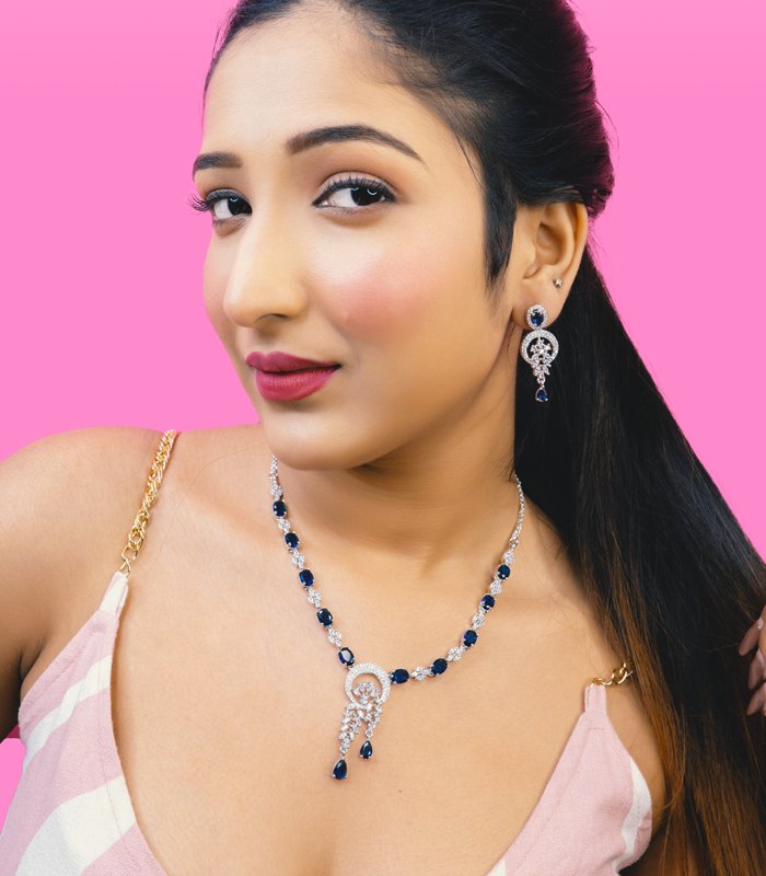 Designer silver necklace with CZ artificial jewellery blue sapphire gemstones