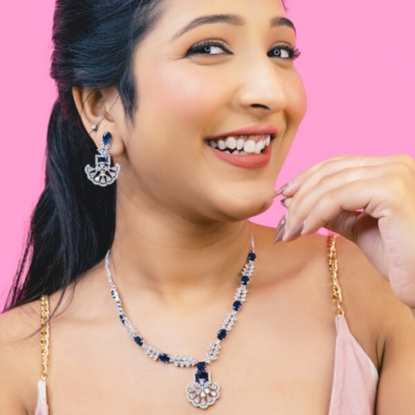 Silver plated necklace with CZ, combine with blue sapphire colour stone