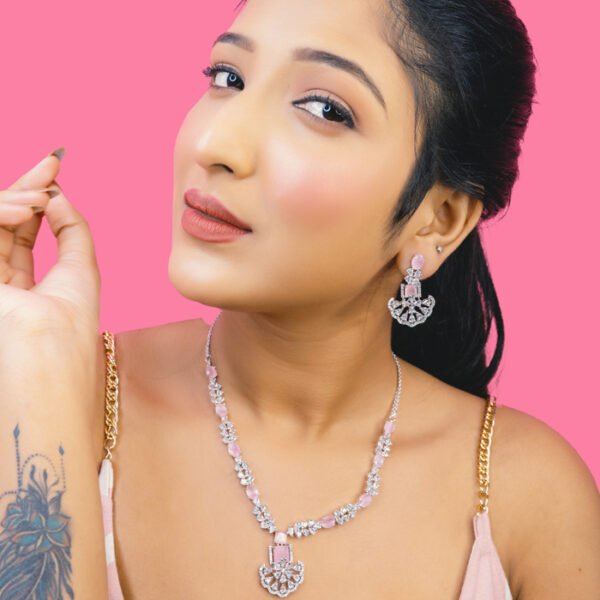 Silver plated necklace with CZ, combine with pink colourstones