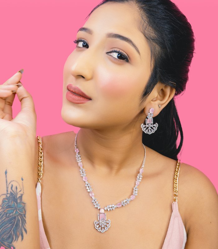 Silver plated necklace with CZ, combine with pink colourstones