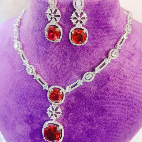 Ruby red platinum plated necklace with earrings with CZ stones