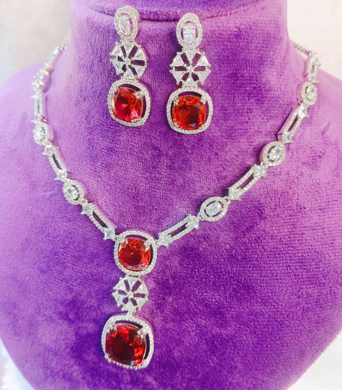 Ruby red platinum plated necklace with earrings with CZ stones