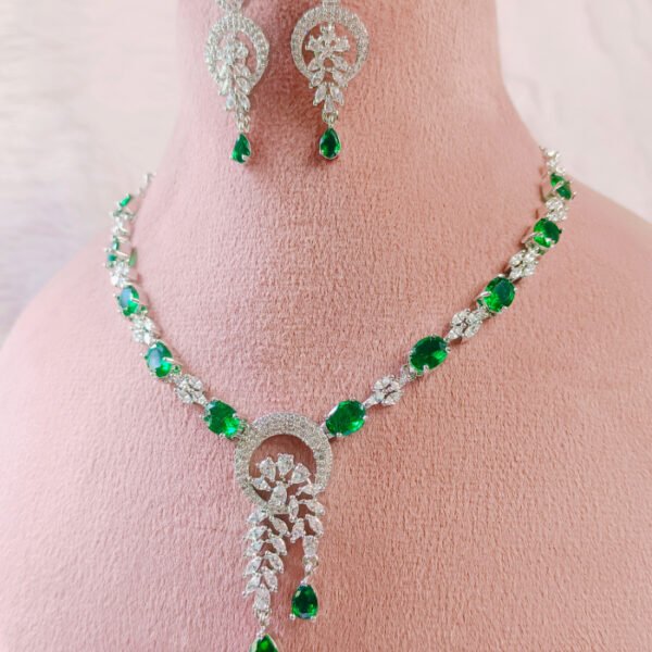 Designer silver necklace with CZ artificial jewellery green emerald