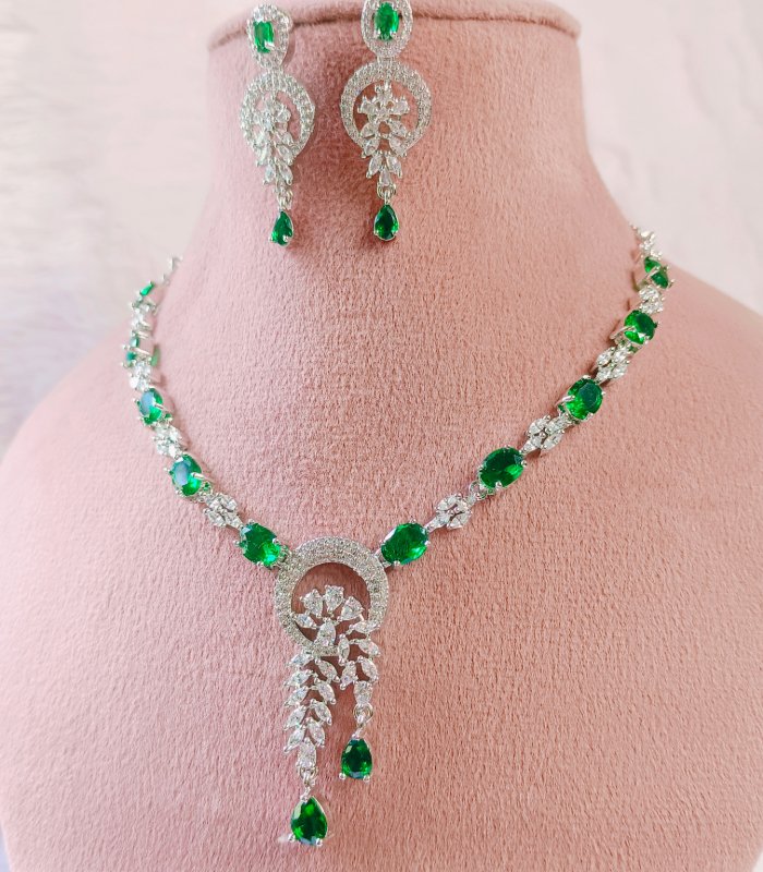 Designer silver necklace with CZ artificial jewellery green emerald