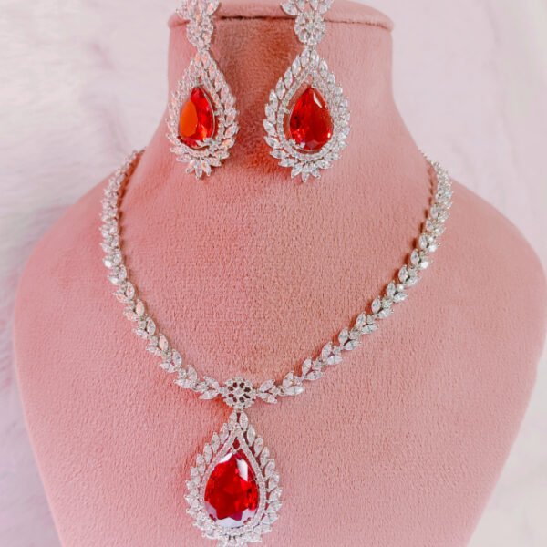 CZ american diamond Silver plated necklace set with ruby