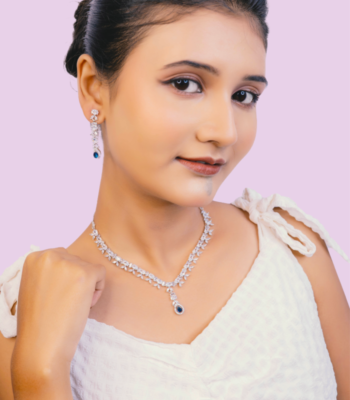 Wholesale sapphire necklace earrings set with CZ