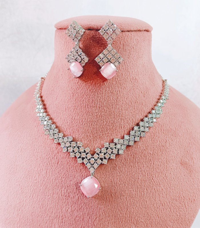 Baby pink CZ necklace set with earrings – Indian jewelry wholesale